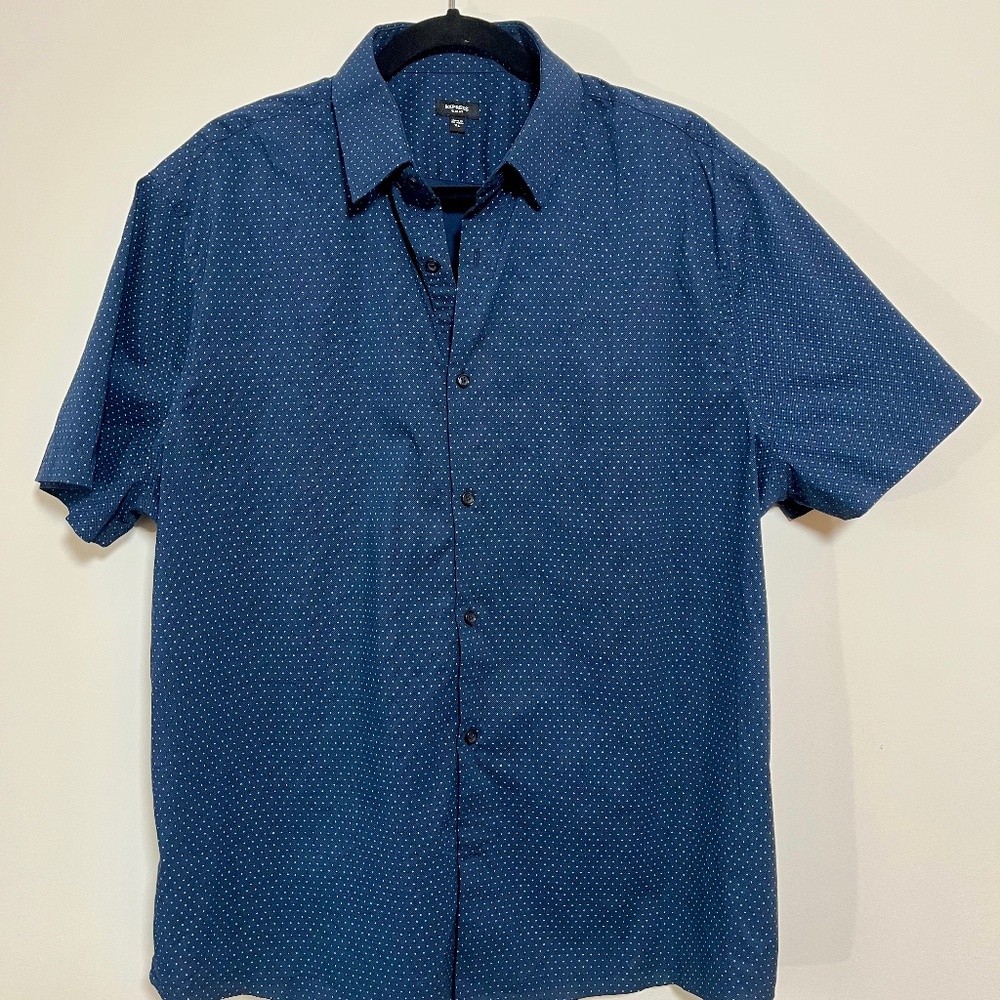 Men's Express Short Sleeve Button Up Shirt - Navy Blue (Slim Fit XL)